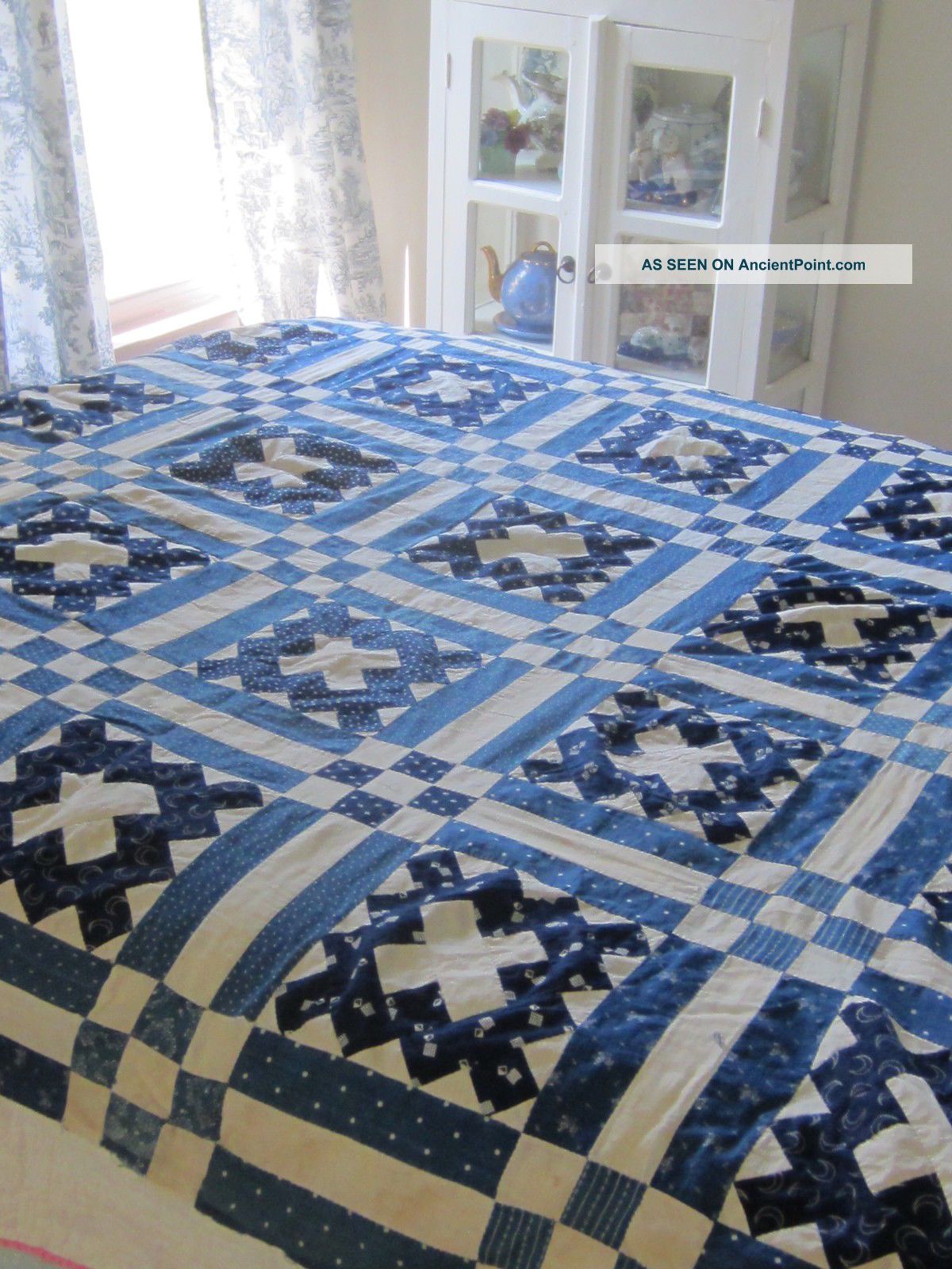 Antique Courthouse Steps Blue And White Quilt Top 70x68” Quilt Tops photo