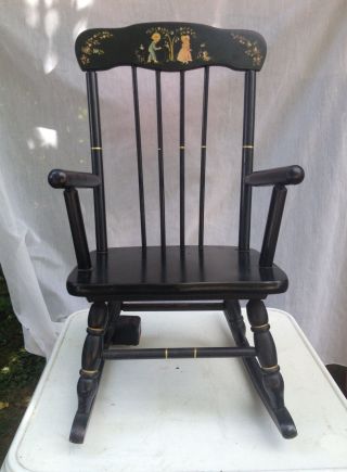 Vintage Child ' S Wooden Rocking Chair - Black,  Gold Trim/stencil photo