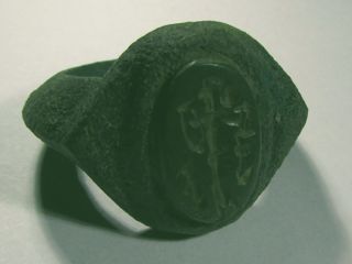 Rare Roman Bronze Intaglio Ring With Jade Stone,  Engraved Warrior photo