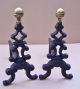 Antique Dimutive Wrought Iron Tree Form Brass Tops Fireplace Andirons Fire Dogs Hearth Ware photo 1