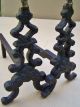 Antique Dimutive Wrought Iron Tree Form Brass Tops Fireplace Andirons Fire Dogs Hearth Ware photo 5