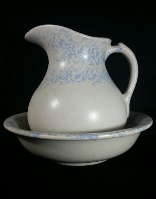 Vintage Blue And White Spongeware Pitcher And Wash Bowl Dates 1975 photo