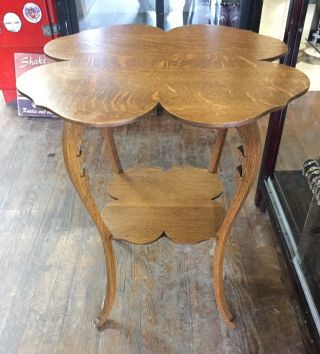 Great Solid Oak Clover Top Antique Lamp Table photo