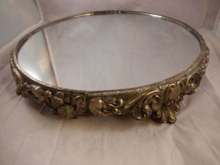 Vntg Footed Round Vanity Mirror Tray W/ Brass Embossed Strawberries Ornate Base photo