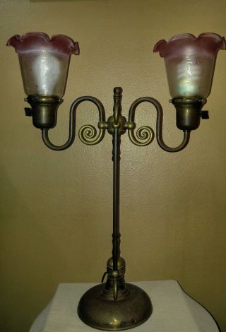 Unusual Antique Victorian Double Acid Etched Cranberry Shade Lamp 1900 photo