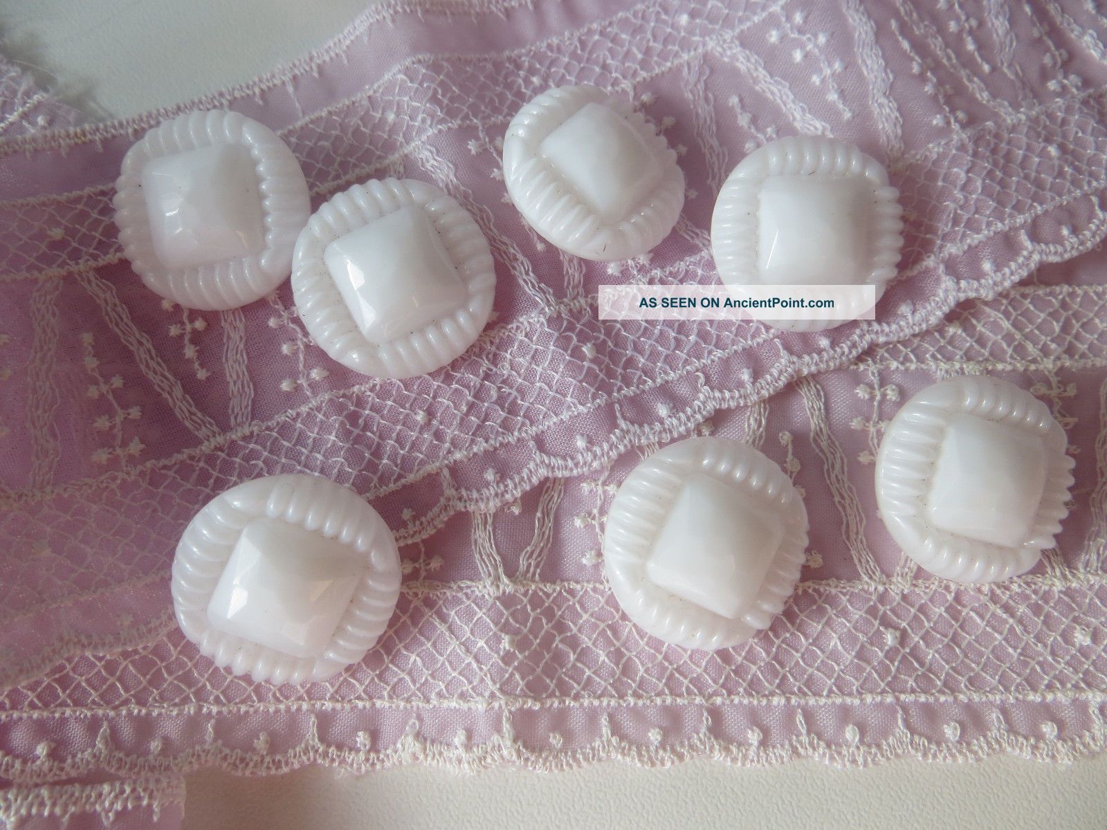 7 Art Deco White Glass Buttons From France 3/4 