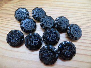 11 Black Glass Buttons From France 3/4 