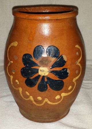Antique Country Primitive Redware Pottery Pitcher Slip Decorated W / Flower photo