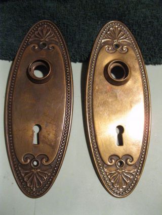 Old Art Nouveau Or Edwardian Leaf & Bead Pattern Oval Brass Door Plates photo