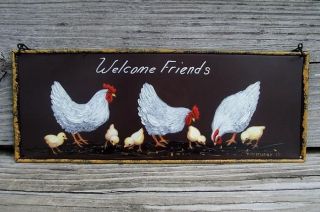 Metal Welcome Friends Sign Hp Hen Chicks Handpainted Country Rooster Art Mcmurry photo