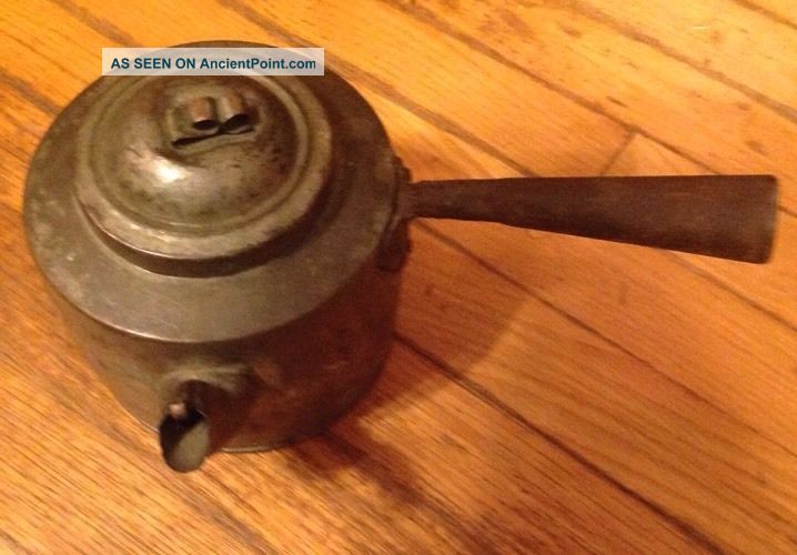 Antique Primitive Hearth Tea Pot W/ Top,  Spout Brass Hook,  Handle Cast Aluminum? Primitives photo