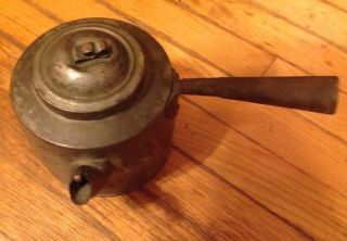 Antique Primitive Hearth Tea Pot W/ Top,  Spout Brass Hook,  Handle Cast Aluminum? photo