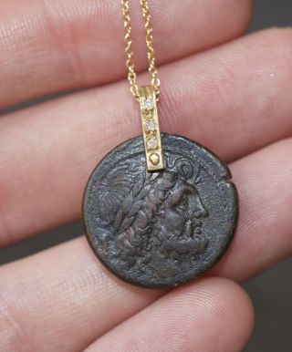 Ancient Sicilian Greek Coin Mounted With 18ct Yellow Gold And Diamonds. photo