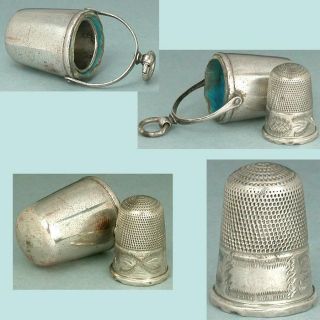 Antique Chatelaine Thimble Holder & Sterling Siver Thimble English Circa 1880 photo