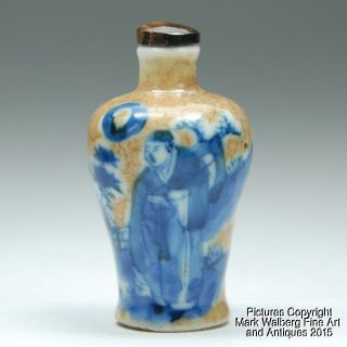 Chinese Blue & White Porcelain Snuff Bottle W/ Brown Crackle,  Figures In Garden photo