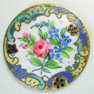 Antique French Enamel Button Hand Painted Rose Floral Design Fancy Floral Border photo