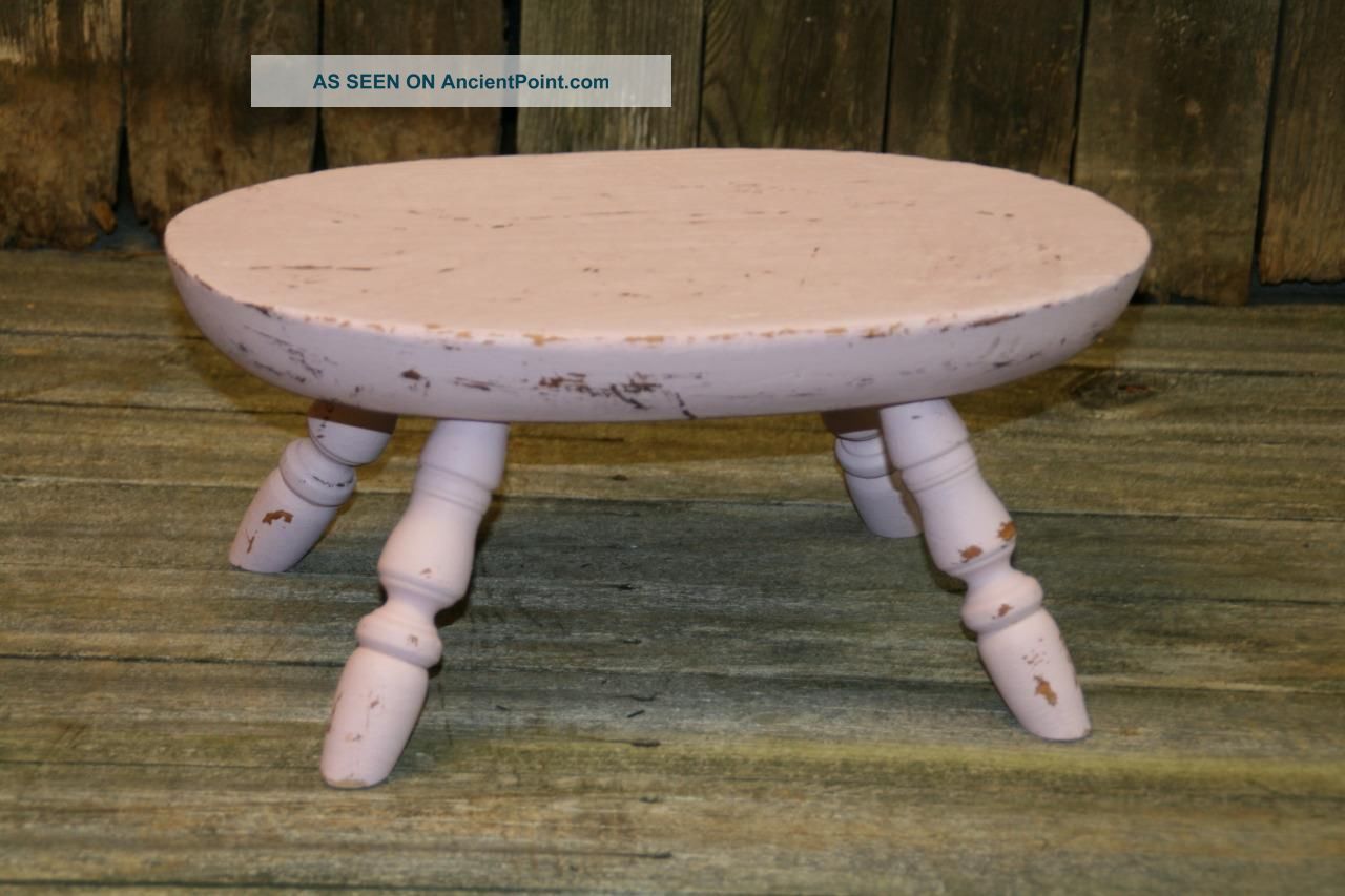 Vtg Wood Stool Milking Country Primitive Rustic Farm Wooden Foot Rest Step Pink Primitives photo