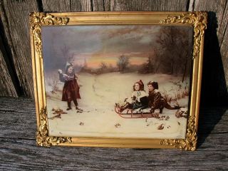 Vintage Old Antique Ullman Mfg Co 1900 Litho Print On Glass Children In Snow photo