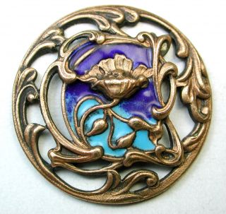 Antique Pierced Brass & Enamel Button Nouveau Poppy Flower W/ Turquoise & Cobalt photo