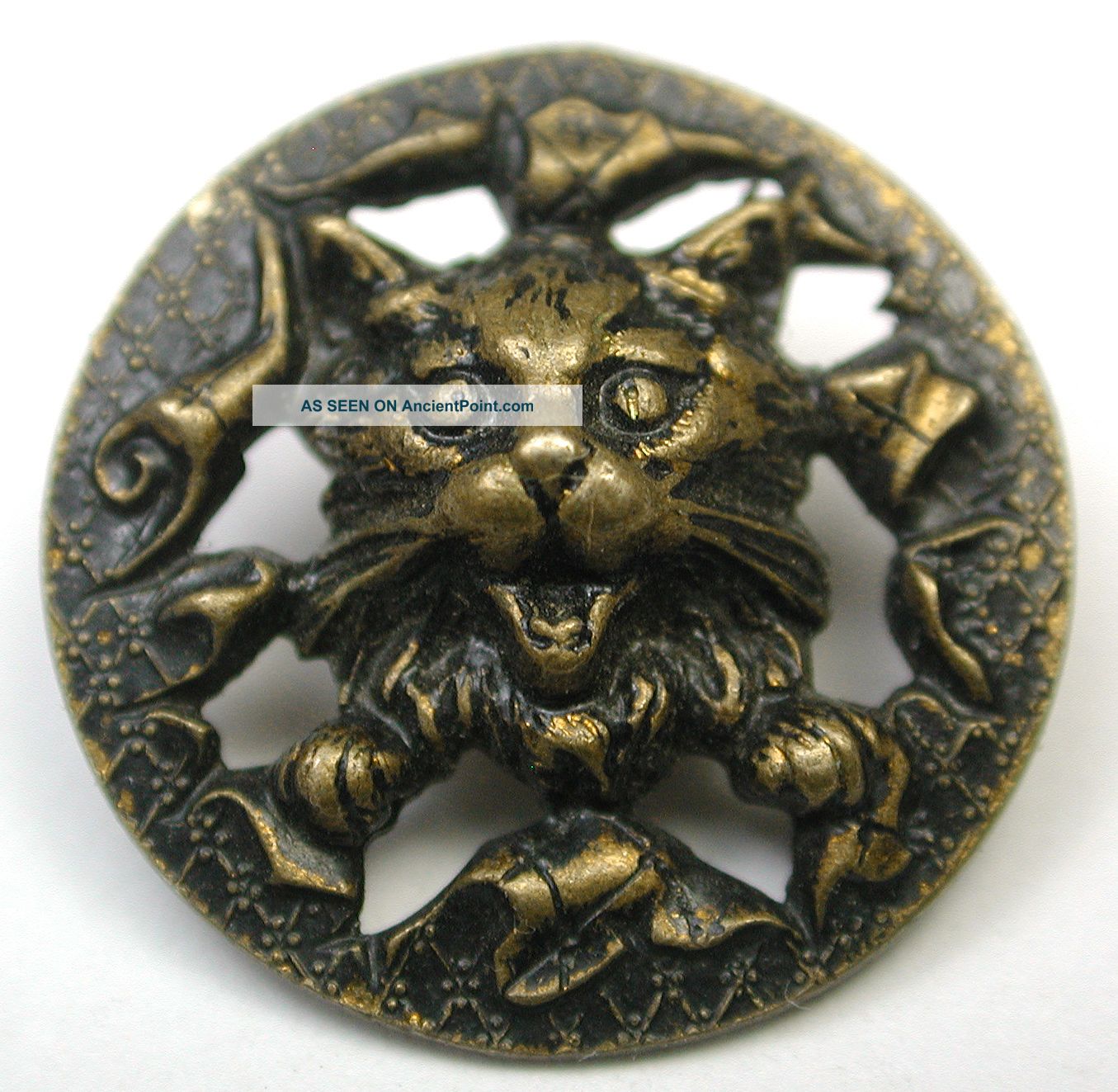 Antique Pierced Brass Button Cat Face & Paw Bursting Through Buttons photo