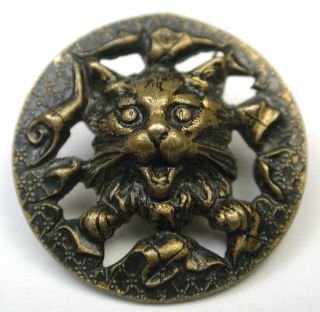 Antique Pierced Brass Button Cat Face & Paw Bursting Through photo