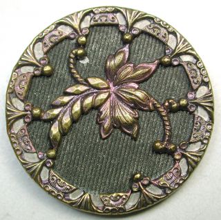 Lg Sz Antique Brass Button Fancy Detailed Floral W Amethyst Tint photo