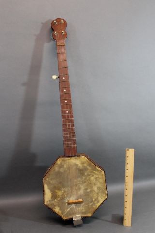 Antique American Folk Art Carved Wood Octagon,  Tramp Art 5 - String Banjo,  Nr photo