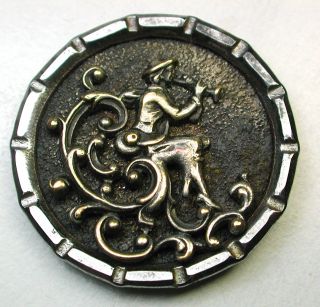 Antique Steel Cup Button Charming Boy Playing Horn W Swirl Design 1 & 3/16 