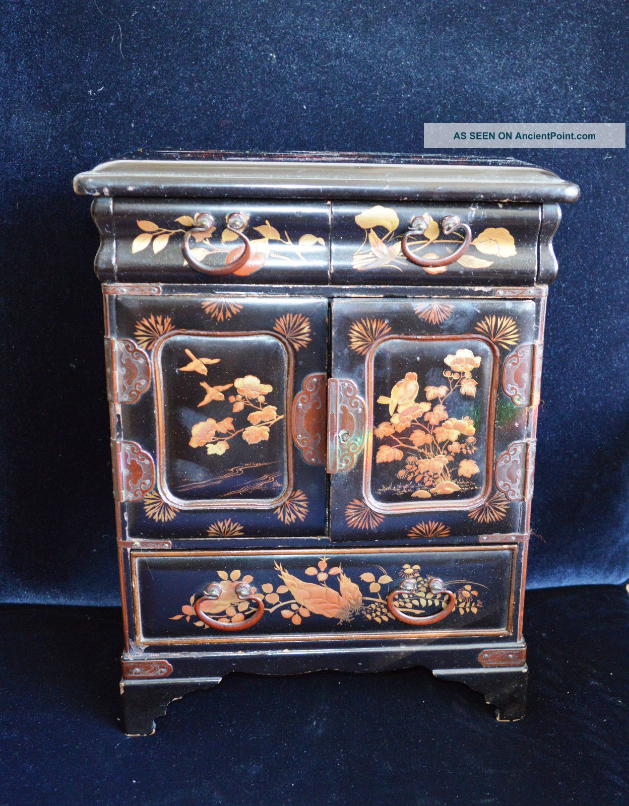 Antique Miniature Japanese Black Lacquered Table Top Collectors Cabinet 1800-1899 photo
