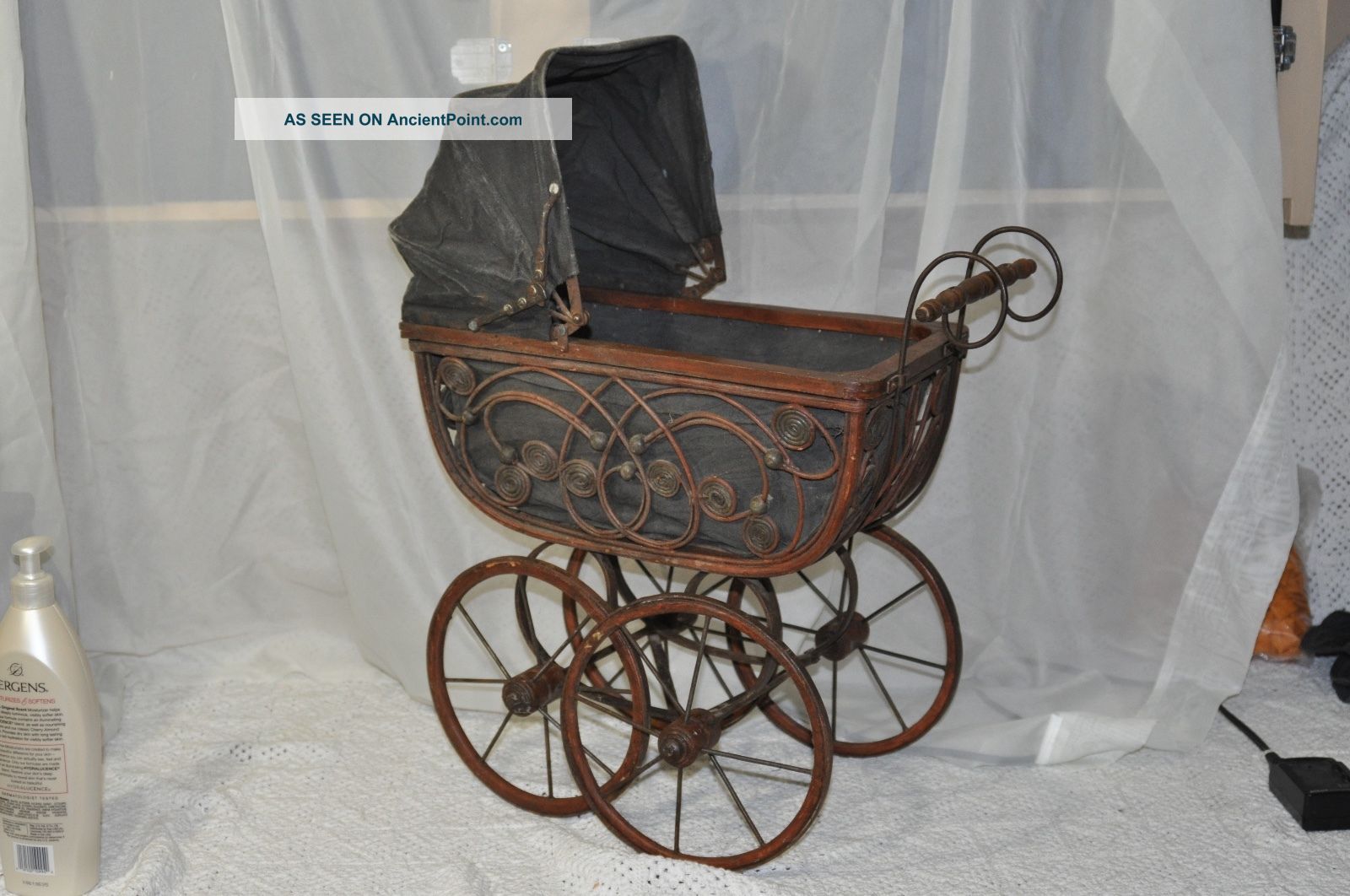Antique? Baby Doll Bear Carriage Stroller Wood W/ Linen Cloth Lining In Buggy Baby Carriages & Buggies photo