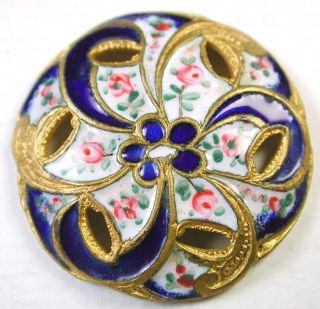 Antique French Enamel Button Pierced Cobalt & Hand Painted Roses Swirl Design photo