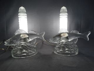 Pair (2) Antique Pressed Glass Figural Fish Nautical Boudoir Style Bullet Lamps photo