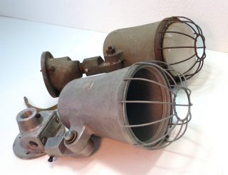Vintage Pair Natale Circle D Cage Outdoor Spot Light Lamps Steampunk Industrial photo