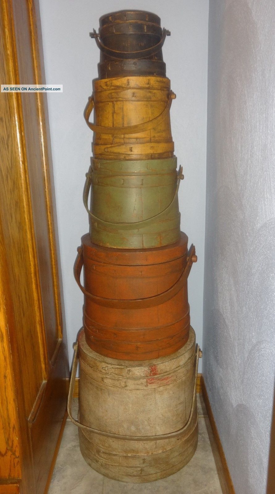 Large Stack Of 5 Old Painted Firkin - Sugar Bucket - Graduated Sizes Primitives photo