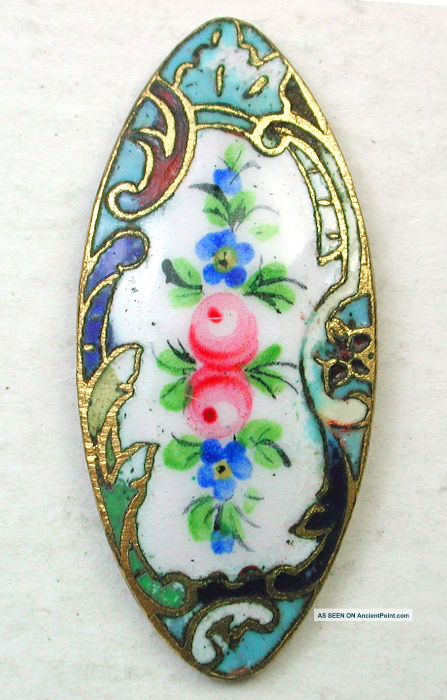 Antique French Enamel Button Hand Painted Roses Floral On Spindle Shape Design Buttons photo