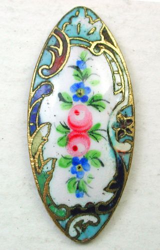 Antique French Enamel Button Hand Painted Roses Floral On Spindle Shape Design photo