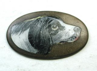 Antique Enamel On Silver Oval Button Hand Painted Springer Spaniel Dog photo