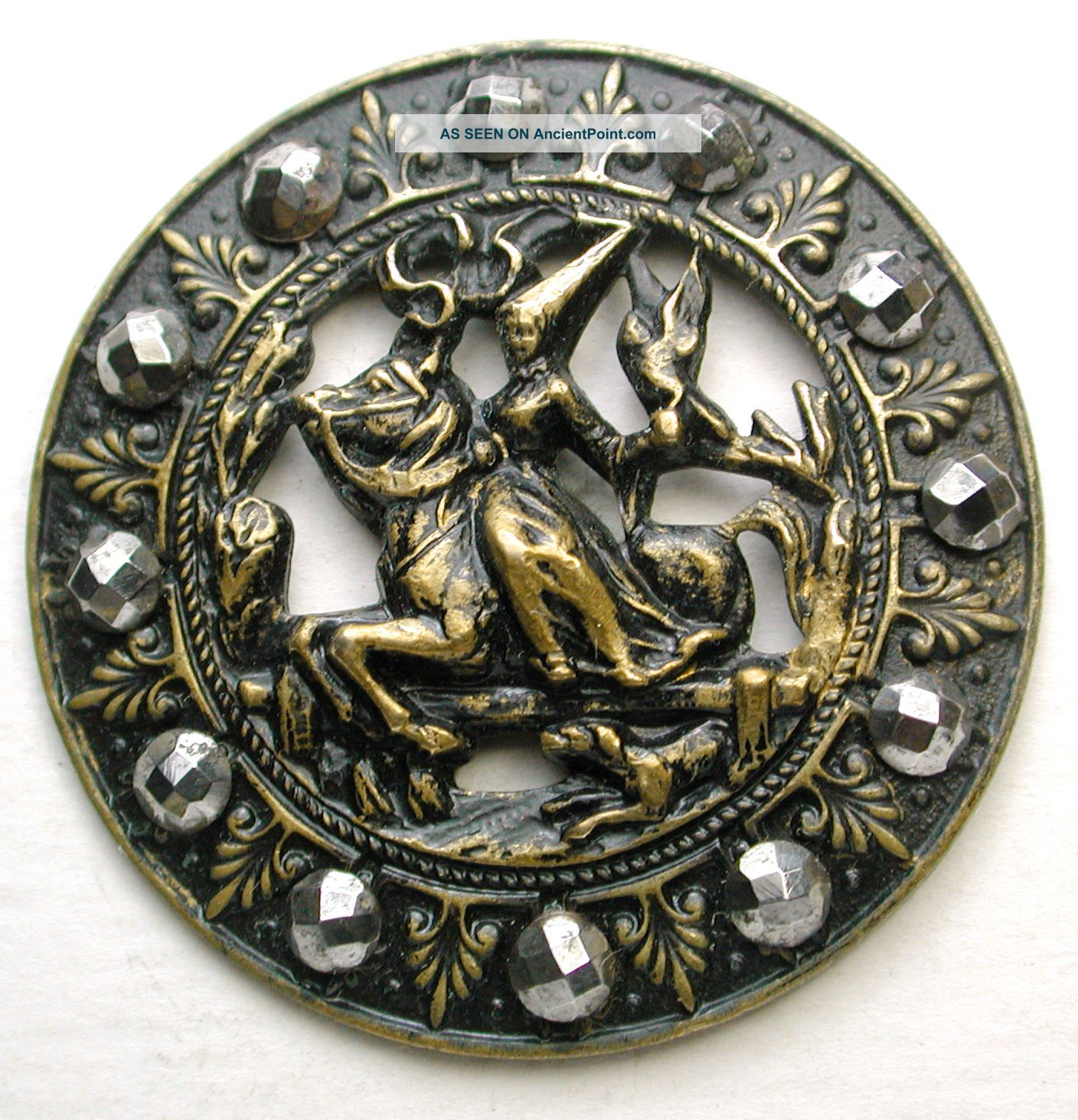 Lg Sz Antique Pierced Brass Button The Falcon Huntress W/ Cut Steel Accents Buttons photo