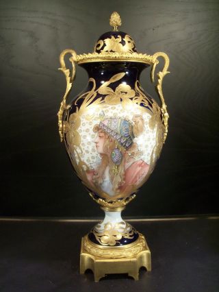 Monumental Antique Sevres Art Nouveau Hand Painted Vase Sevres Signed L.  Heri photo