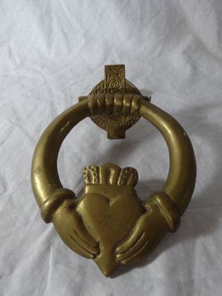 Vintage Solid Cast Brass Bronze Irish Claddagh Old Door Knocker Friendship Hands photo