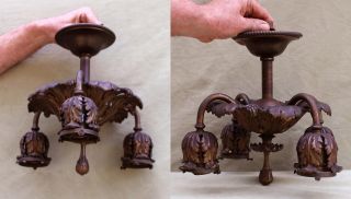 Pr Small 1900s Antique Bronze Acanthus Leaves 3 - Socket Chandelier Lamp Fixtures photo