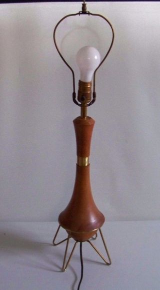 Vintage Mid Century Atomic Wood Brass Table Lamp 28 