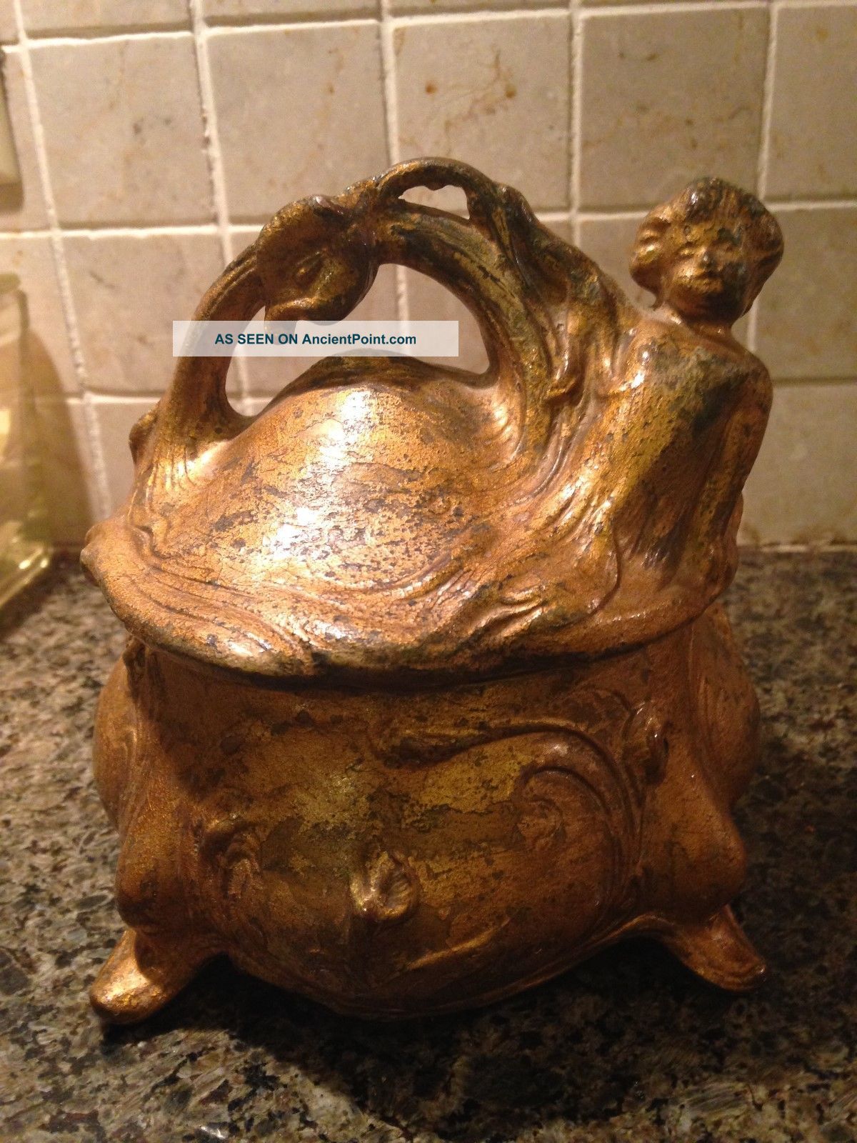 Antique Spelter Metal Victorian Art Nouveau Trinket Jewelry Box With Cherub Art Nouveau photo