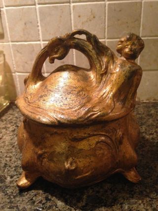 Antique Spelter Metal Victorian Art Nouveau Trinket Jewelry Box With Cherub photo