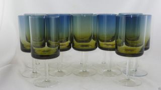 12 Vintage Mcm 1960 Bluerina Blue Amber Elegant Glass Crystal Water Goblets Rare photo