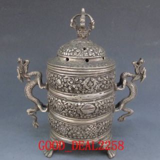 Chinese Vintage Handwork Silver Bronze Dragon Incense Burner & Lid photo