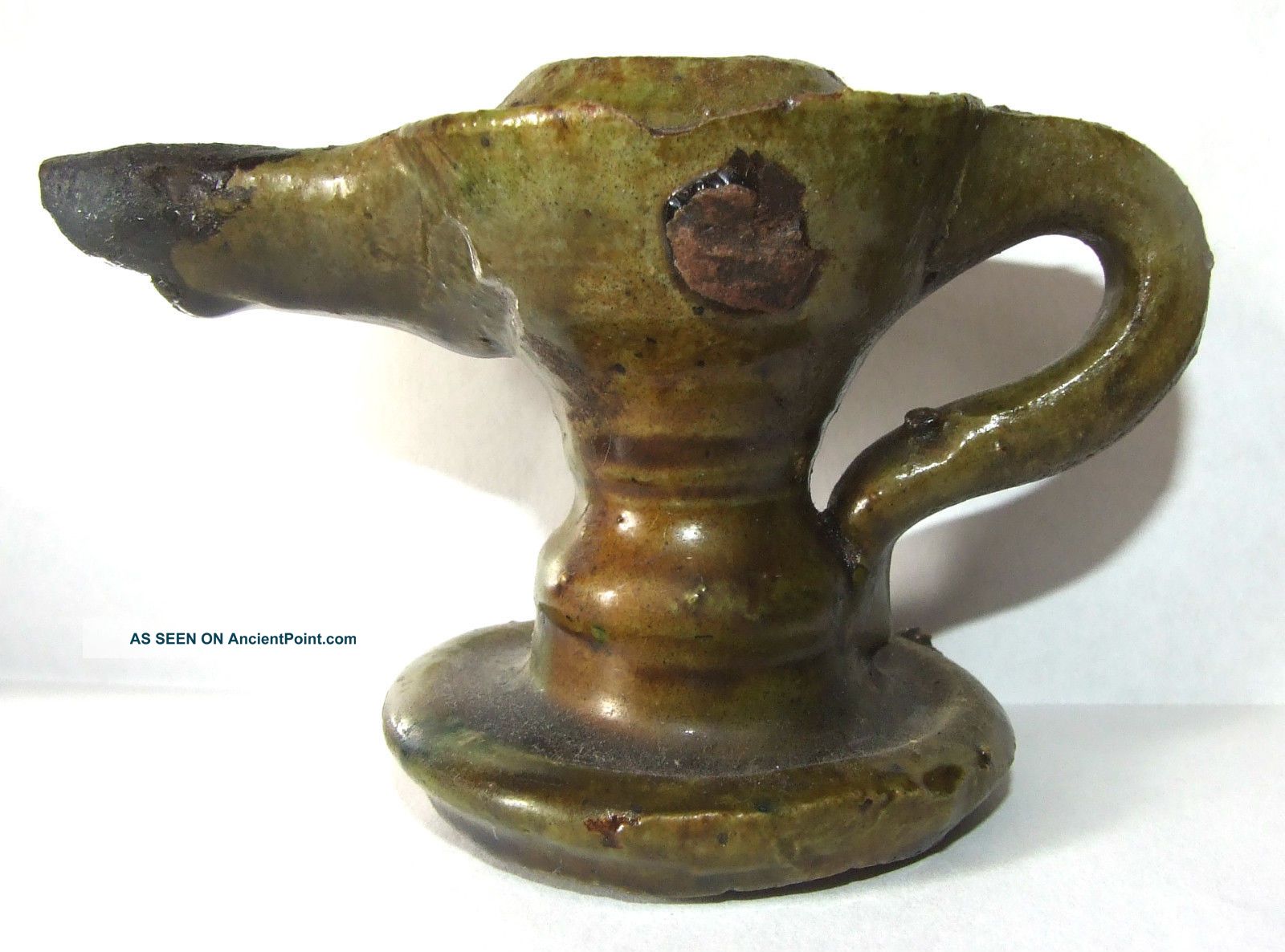 Early / Antique Stoneware Oil Lamp With Green Glaze.  Medieval.  ? 3 Day. British photo