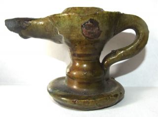 Early / Antique Stoneware Oil Lamp With Green Glaze.  Medieval.  ? 3 Day. photo