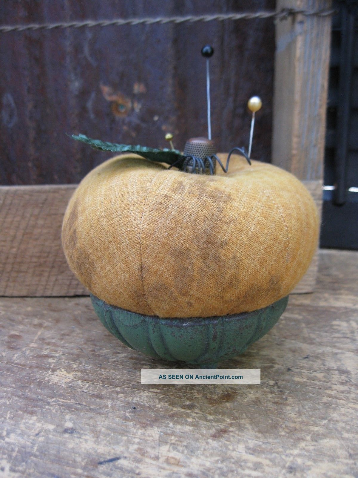 Primitive Halloween Pumpkin Pinkeep With Antique Cast Iron Base Thimble & Pins Primitives photo