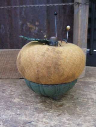 Primitive Halloween Pumpkin Pinkeep With Antique Cast Iron Base Thimble & Pins photo